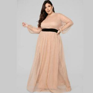 NWT Lacey Sunday Nude Mesh Tulle Velvet Split Front Maxi Dress Sz 1X